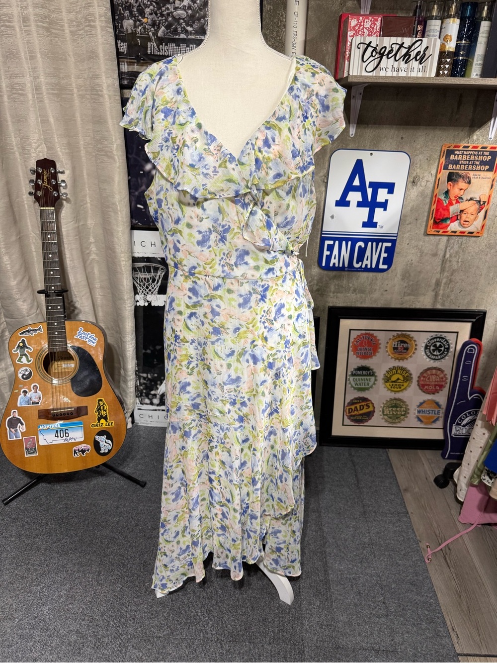 LC Lauren Conrad White Maxi Dress with Blue & Green Floral Print